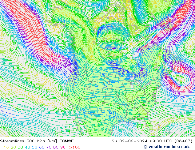 Linea di flusso 300 hPa ECMWF dom 02.06.2024 09 UTC