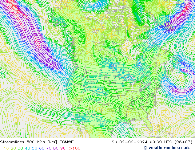 Linea di flusso 500 hPa ECMWF dom 02.06.2024 09 UTC