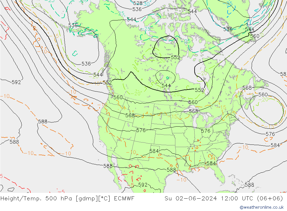 Z500/Rain (+SLP)/Z850 ECMWF Вс 02.06.2024 12 UTC