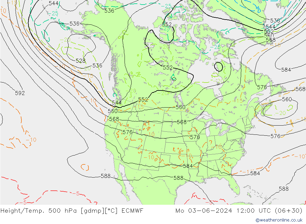 Height/Temp. 500 hPa ECMWF lun 03.06.2024 12 UTC