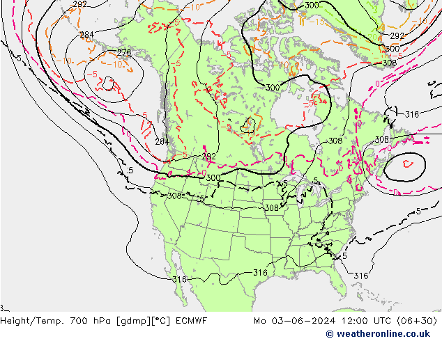 Height/Temp. 700 hPa ECMWF Mo 03.06.2024 12 UTC