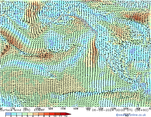 Vento 10 m (bft) ECMWF Qui 06.06.2024 00 UTC