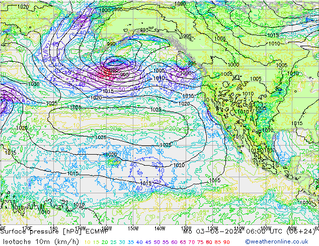 Isotaca (kph) ECMWF lun 03.06.2024 06 UTC