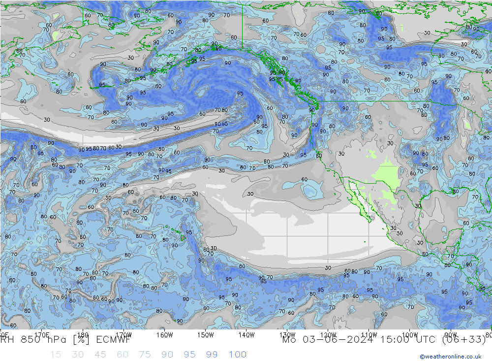 Humidité rel. 850 hPa ECMWF lun 03.06.2024 15 UTC