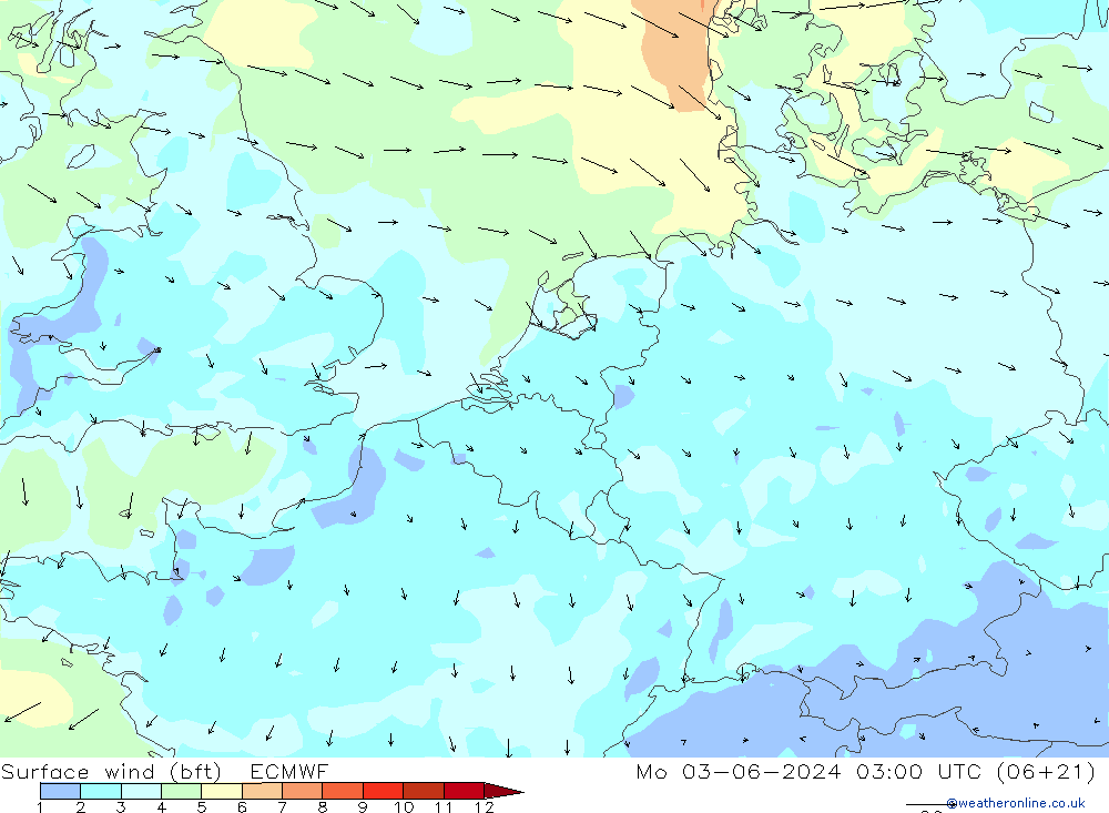 Surface wind (bft) ECMWF Mo 03.06.2024 03 UTC