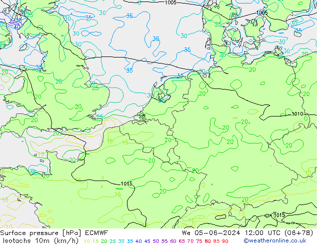 Isotachs (kph) ECMWF mer 05.06.2024 12 UTC