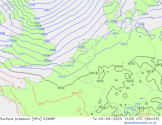 Surface pressure ECMWF Tu 04.06.2024 12 UTC