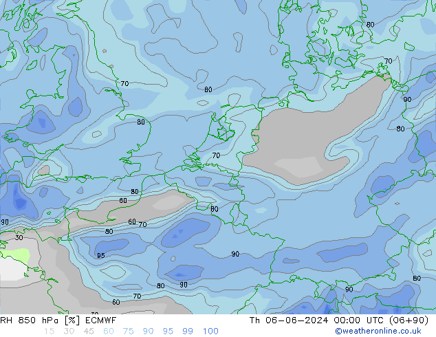 RH 850 hPa ECMWF Čt 06.06.2024 00 UTC