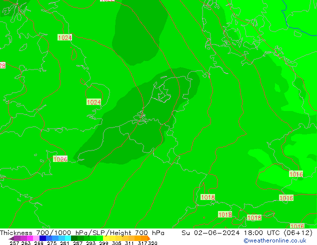 Espesor 700-1000 hPa ECMWF dom 02.06.2024 18 UTC