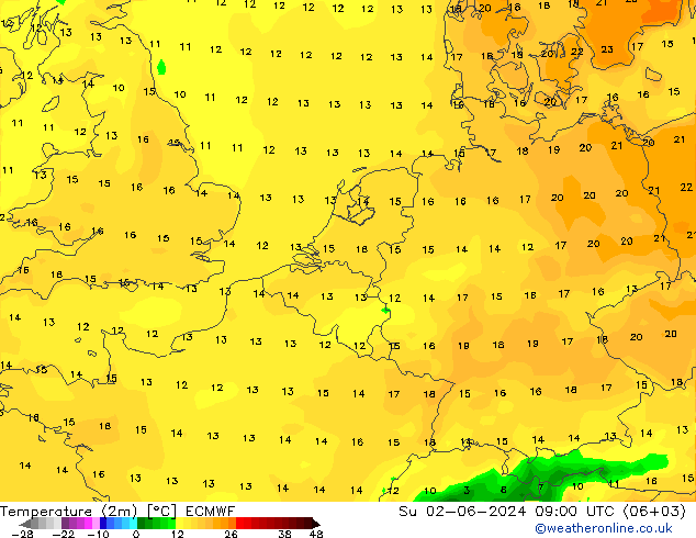 Temperatura (2m) ECMWF dom 02.06.2024 09 UTC