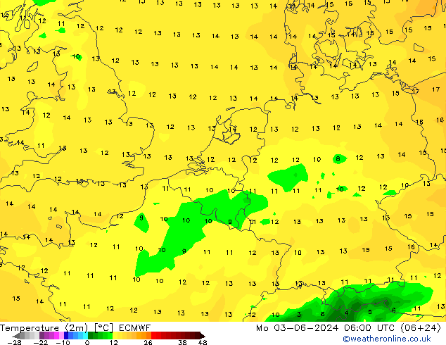 Temperatura (2m) ECMWF lun 03.06.2024 06 UTC