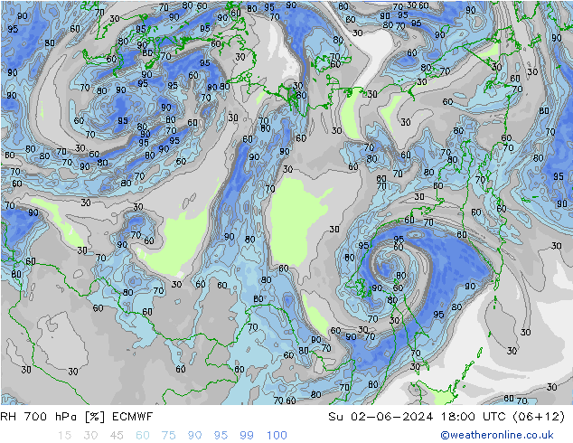 RH 700 гПа ECMWF Вс 02.06.2024 18 UTC