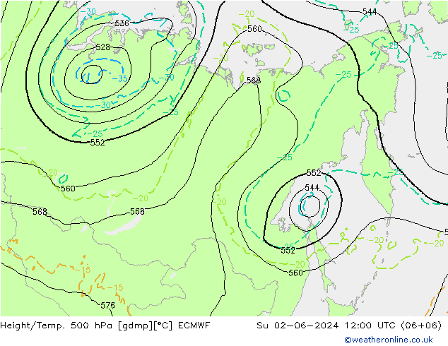 Z500/Rain (+SLP)/Z850 ECMWF Su 02.06.2024 12 UTC