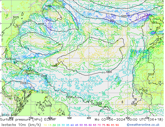 Isotachs (kph) ECMWF Mo 03.06.2024 00 UTC