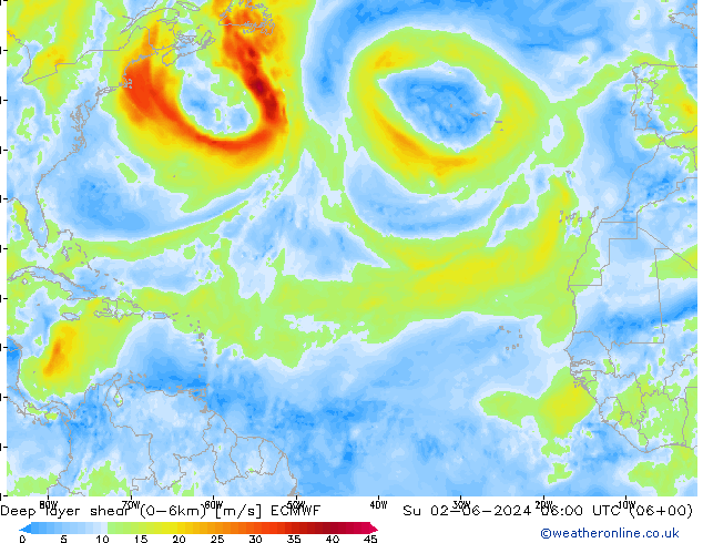 Deep layer shear (0-6km) ECMWF So 02.06.2024 06 UTC