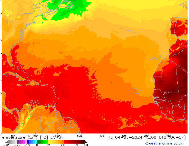 Temperatuurkaart (2m) ECMWF di 04.06.2024 12 UTC