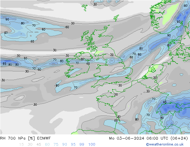 Humidité rel. 700 hPa ECMWF lun 03.06.2024 06 UTC