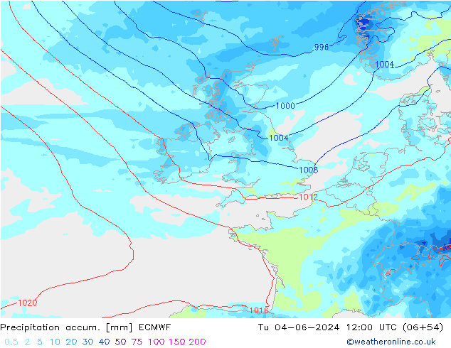 Precipitation accum. ECMWF Tu 04.06.2024 12 UTC