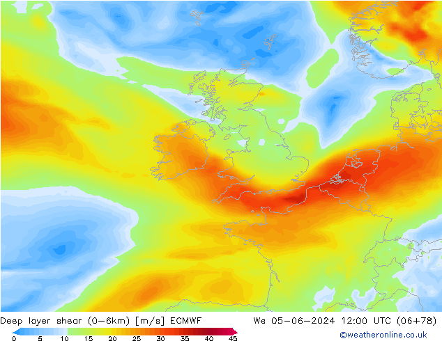 Deep layer shear (0-6km) ECMWF mer 05.06.2024 12 UTC