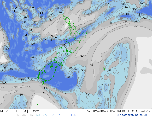 RH 300 гПа ECMWF Вс 02.06.2024 09 UTC