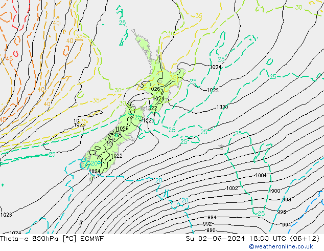 Theta-e 850hPa ECMWF Su 02.06.2024 18 UTC