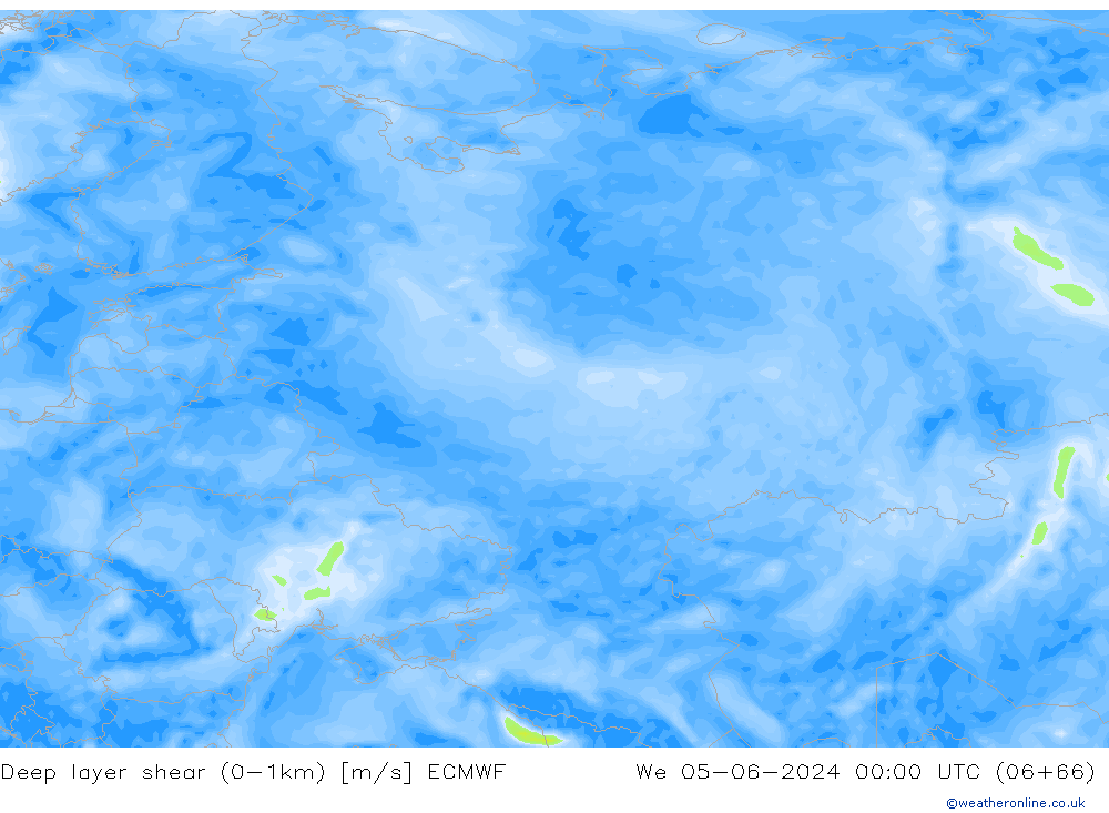 Deep layer shear (0-1km) ECMWF Qua 05.06.2024 00 UTC