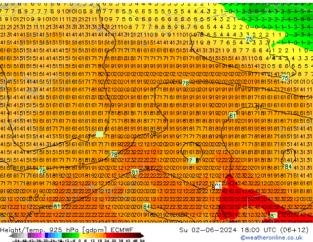Height/Temp. 925 hPa ECMWF Su 02.06.2024 18 UTC