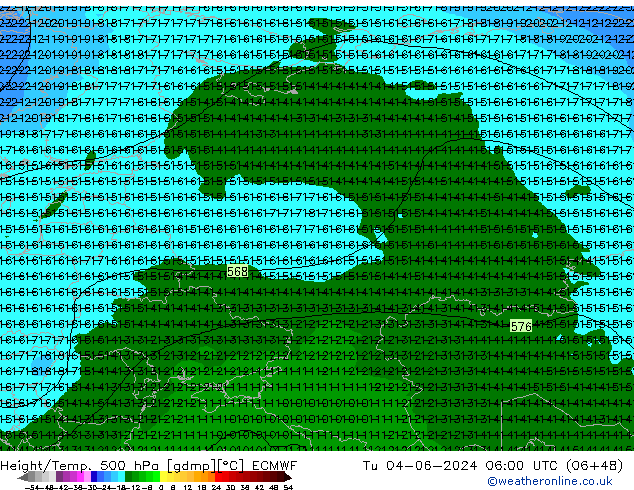 Z500/Rain (+SLP)/Z850 ECMWF Út 04.06.2024 06 UTC