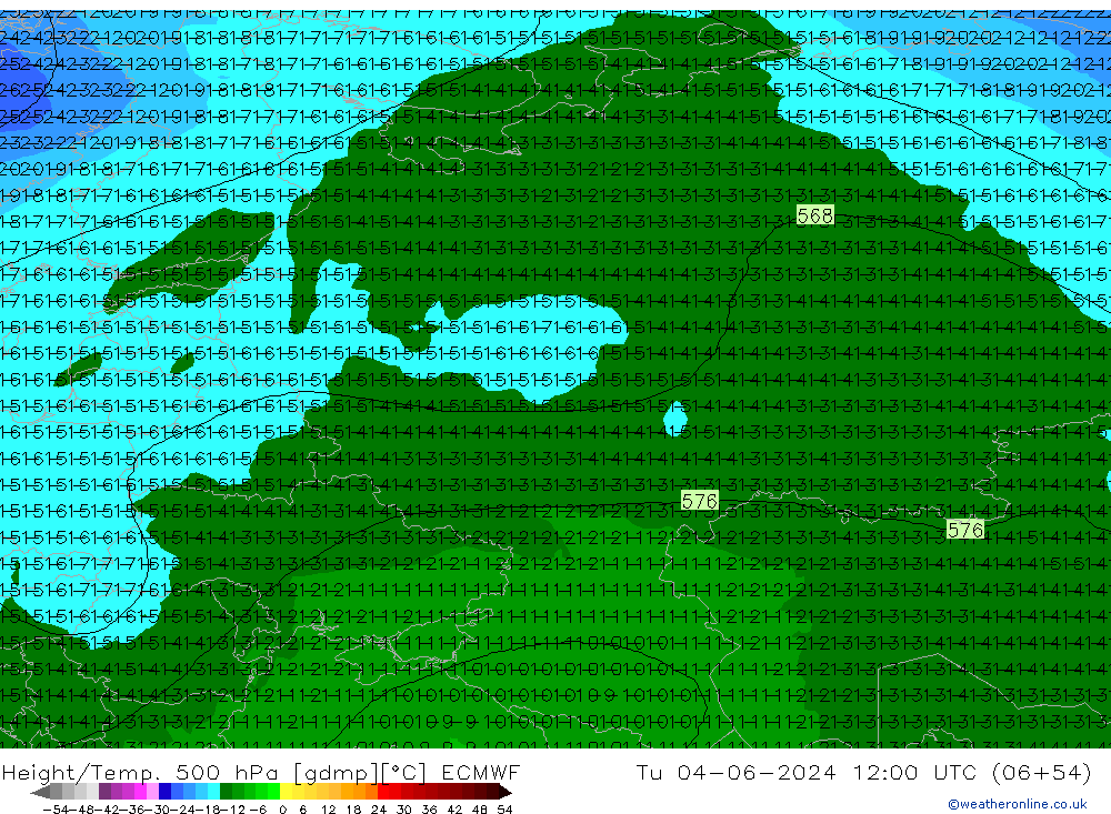 Z500/Rain (+SLP)/Z850 ECMWF Út 04.06.2024 12 UTC