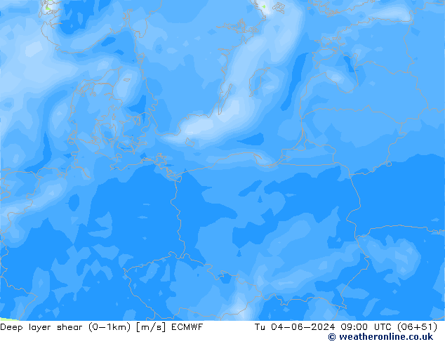 Deep layer shear (0-1km) ECMWF  04.06.2024 09 UTC