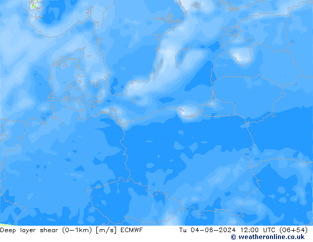 Deep layer shear (0-1km) ECMWF Tu 04.06.2024 12 UTC