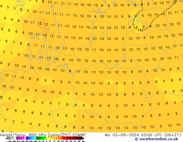 Geop./Temp. 850 hPa ECMWF lun 03.06.2024 03 UTC