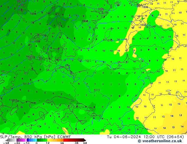 SLP/Temp. 850 hPa ECMWF Tu 04.06.2024 12 UTC