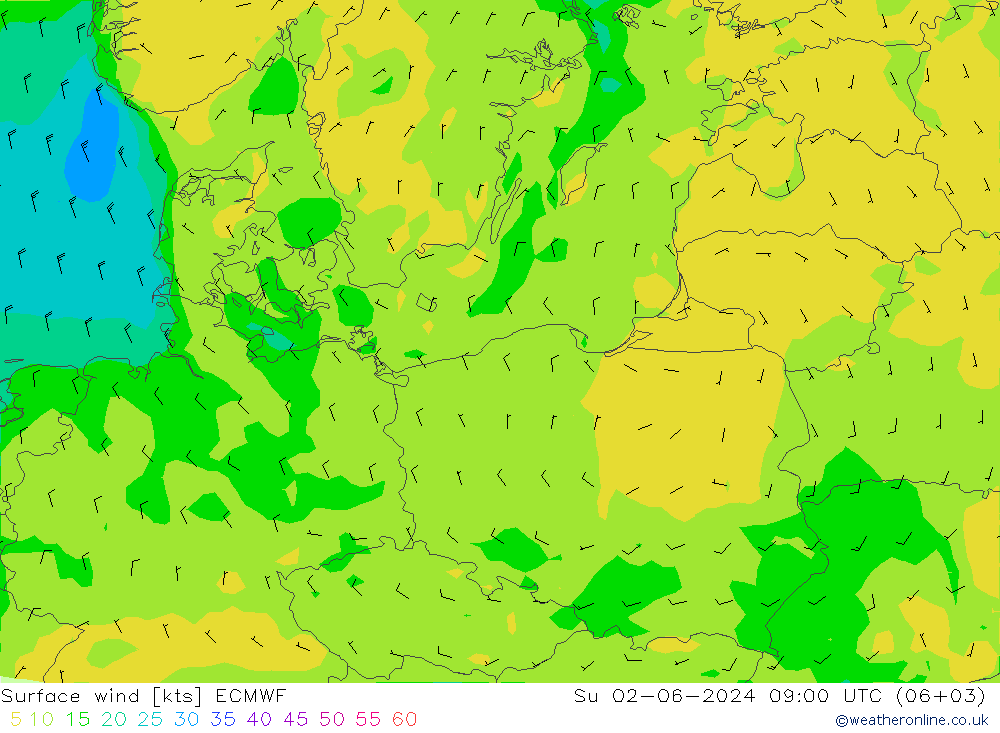 wiatr 10 m ECMWF nie. 02.06.2024 09 UTC