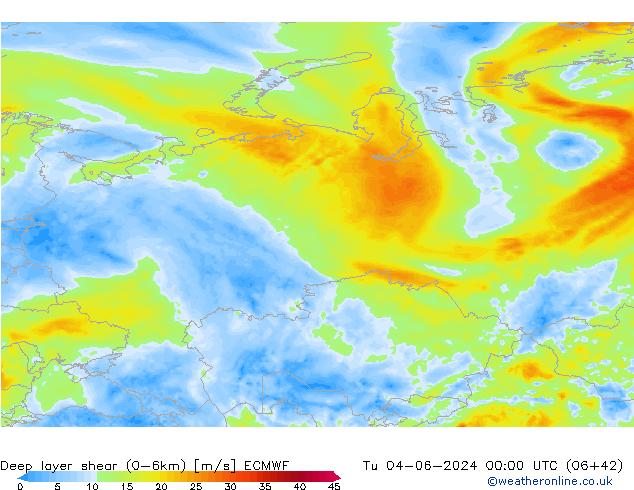 Deep layer shear (0-6km) ECMWF вт 04.06.2024 00 UTC