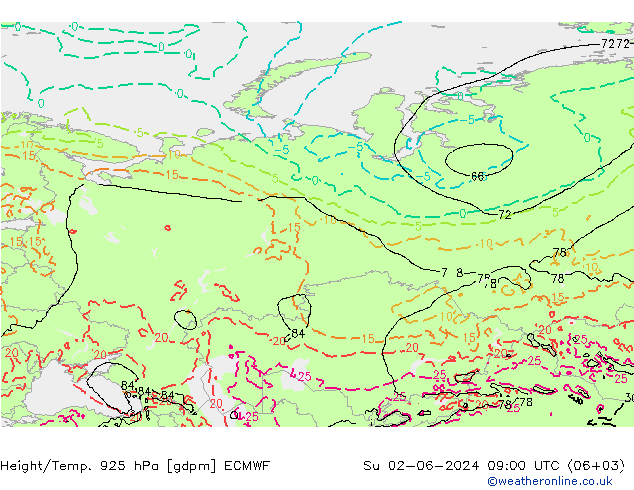 Height/Temp. 925 hPa ECMWF nie. 02.06.2024 09 UTC