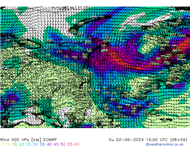Wind 500 hPa ECMWF Su 02.06.2024 15 UTC