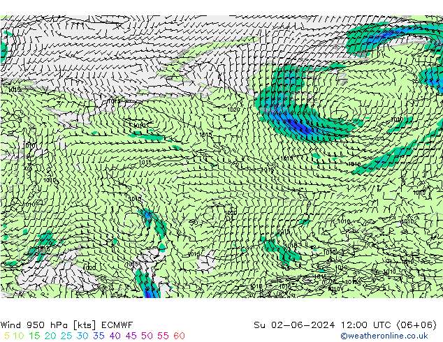 Prec 6h/Wind 10m/950 ECMWF dim 02.06.2024 12 UTC