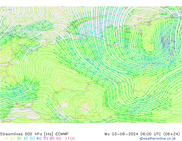 Linea di flusso 500 hPa ECMWF lun 03.06.2024 06 UTC
