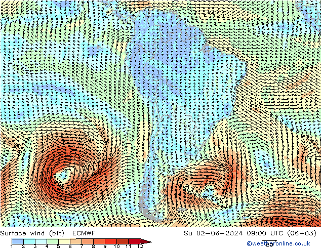 Vento 10 m (bft) ECMWF dom 02.06.2024 09 UTC