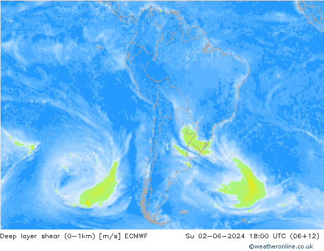 Deep layer shear (0-1km) ECMWF zo 02.06.2024 18 UTC