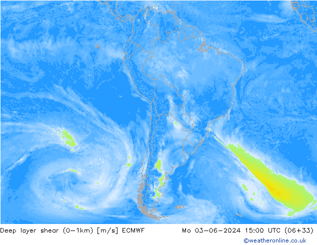 Deep layer shear (0-1km) ECMWF Mo 03.06.2024 15 UTC