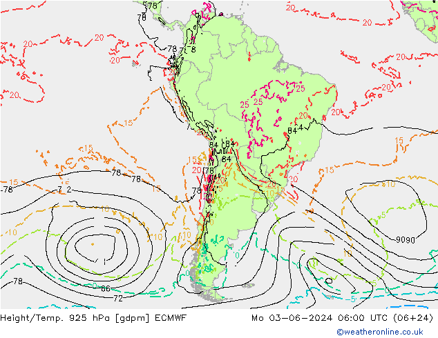 Height/Temp. 925 гПа ECMWF пн 03.06.2024 06 UTC