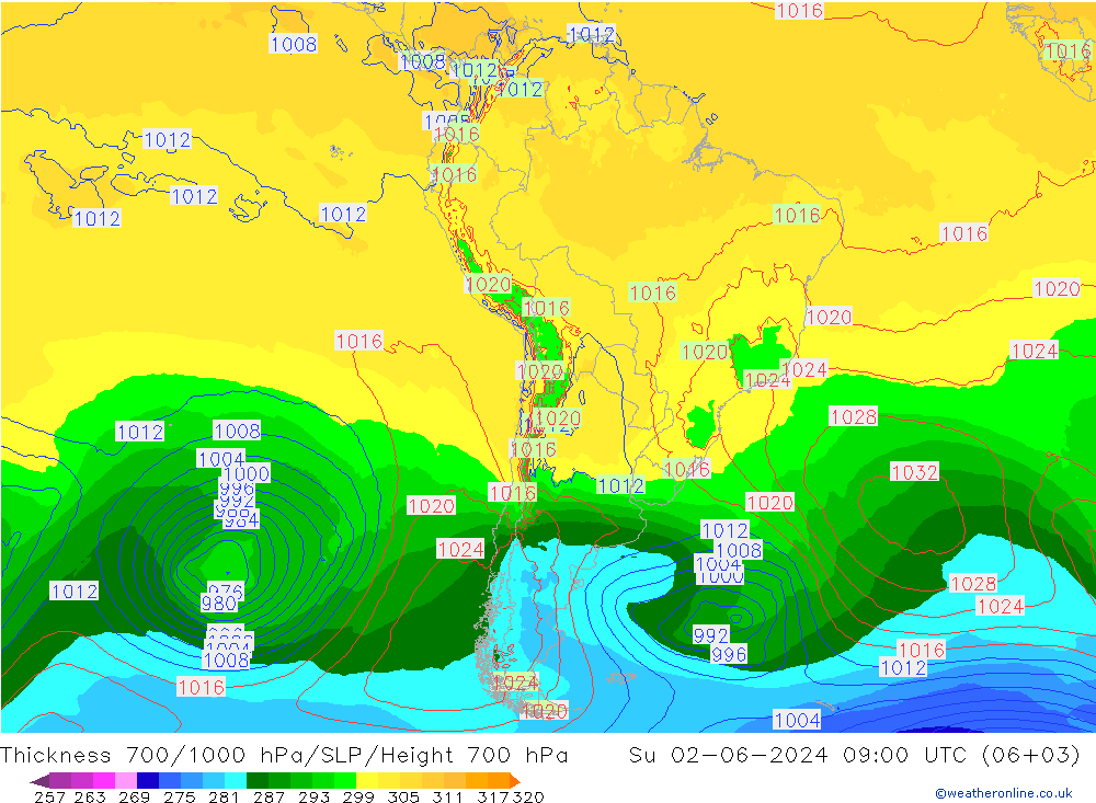 Thck 700-1000 hPa ECMWF Su 02.06.2024 09 UTC