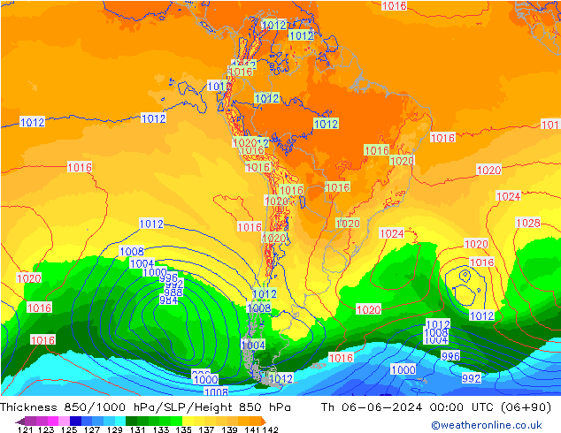 Espesor 850-1000 hPa ECMWF jue 06.06.2024 00 UTC