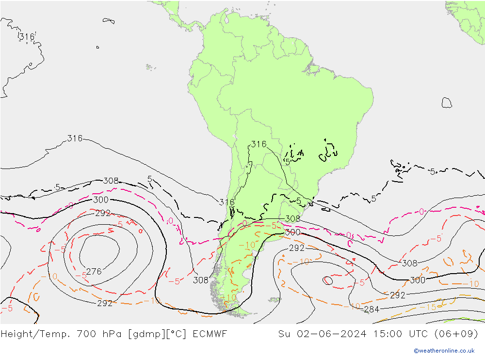 Geop./Temp. 700 hPa ECMWF dom 02.06.2024 15 UTC