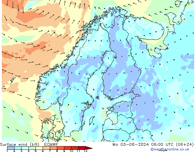 Wind 10 m (bft) ECMWF ma 03.06.2024 06 UTC