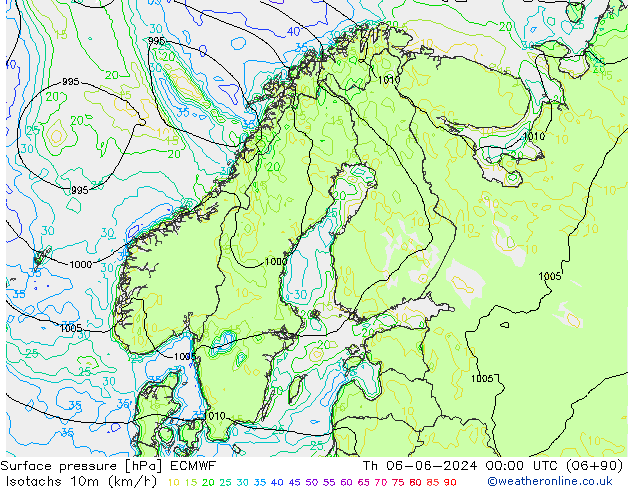 Izotacha (km/godz) ECMWF czw. 06.06.2024 00 UTC