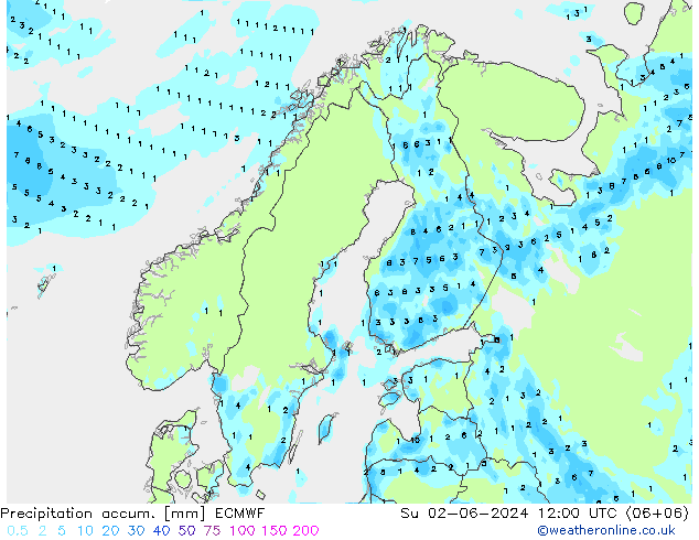 Precipitation accum. ECMWF 星期日 02.06.2024 12 UTC