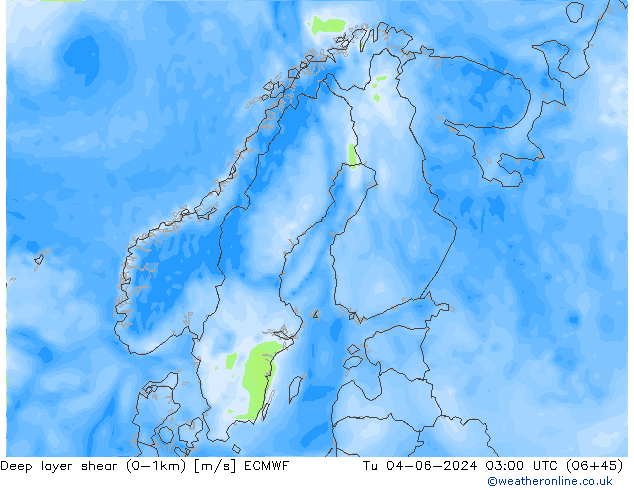 Deep layer shear (0-1km) ECMWF Di 04.06.2024 03 UTC